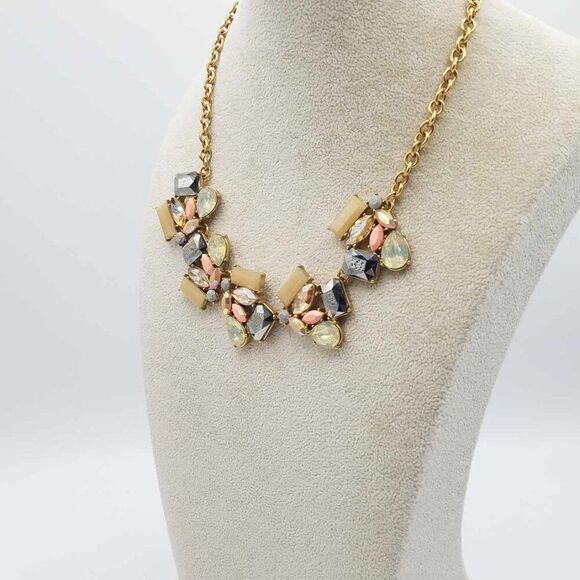 J Crew Gold, Tan, Gray, Pink Iridescent Crystal Statement Necklace - Picture 5 of 11